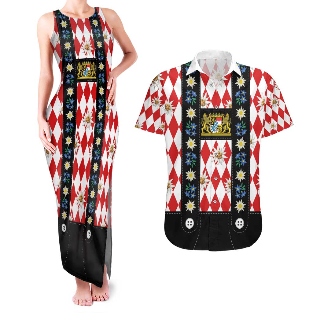 Bavaria Traditional Lederhosen Costume Couples Matching Tank Maxi Dress and Hawaiian Shirt Bavaria Emblem -  Red Plaid Pattern with Edelweiss Flowers
