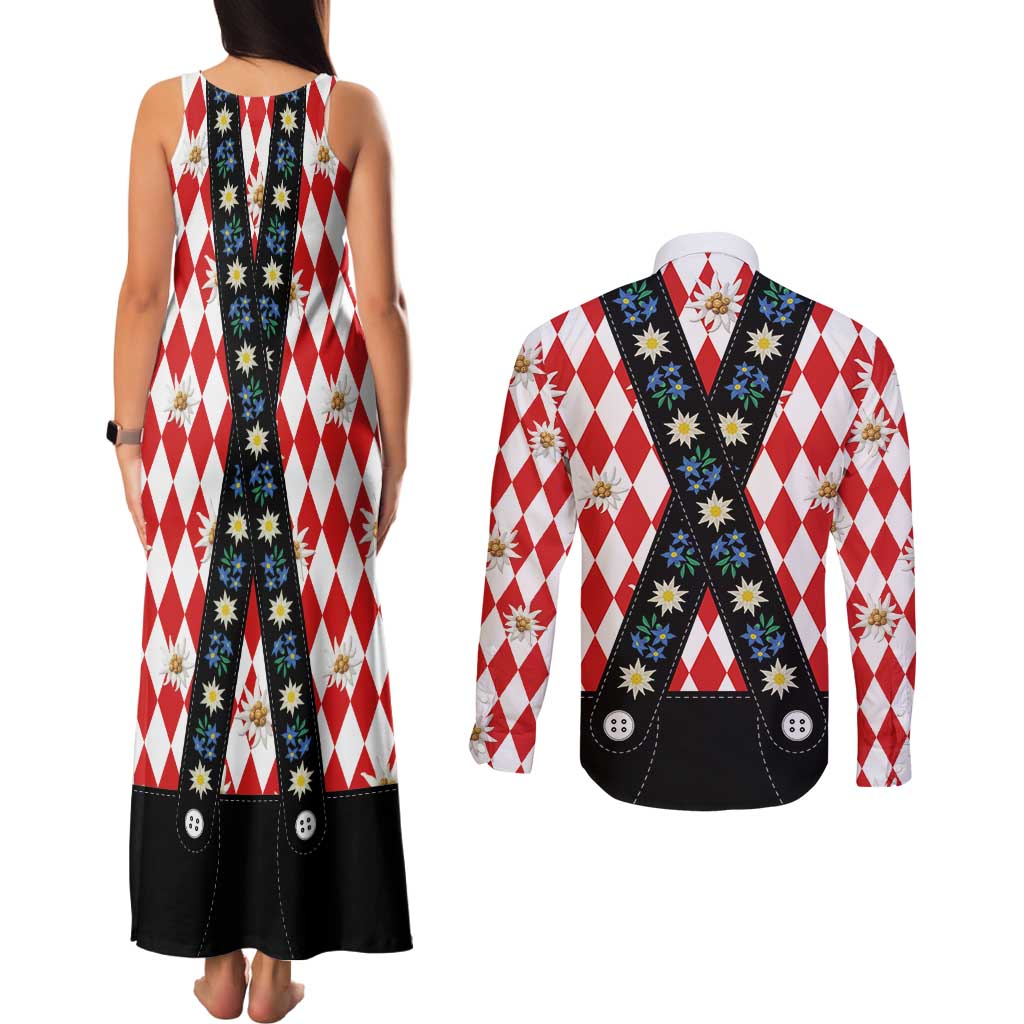 Bavaria Traditional Lederhosen Costume Couples Matching Tank Maxi Dress and Long Sleeve Button Shirt Bavaria Emblem -  Red Plaid Pattern with Edelweiss Flowers