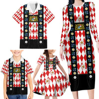 Bavaria Traditional Lederhosen Costume Family Matching Long Sleeve Bodycon Dress and Hawaiian Shirt Bavaria Emblem -  Red Plaid Pattern with Edelweiss Flowers - Wonder Print Shop