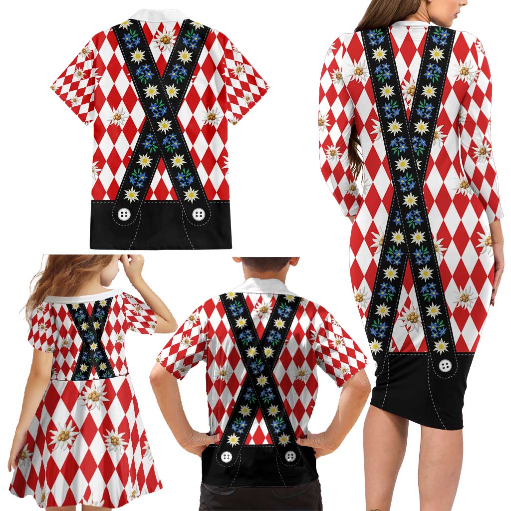 Bavaria Traditional Lederhosen Costume Family Matching Long Sleeve Bodycon Dress and Hawaiian Shirt Bavaria Emblem -  Red Plaid Pattern with Edelweiss Flowers - Wonder Print Shop