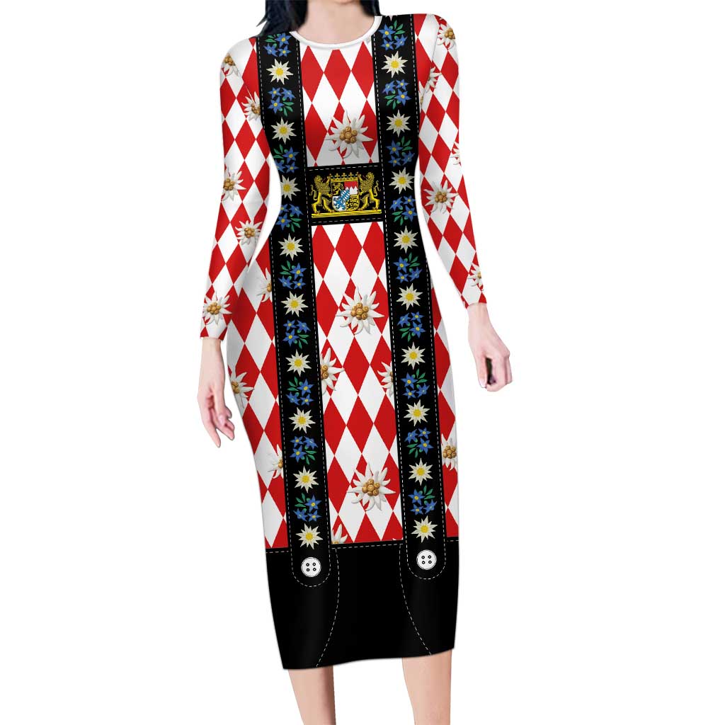 Bavaria Traditional Lederhosen Costume Family Matching Long Sleeve Bodycon Dress and Hawaiian Shirt Bavaria Emblem -  Red Plaid Pattern with Edelweiss Flowers - Wonder Print Shop