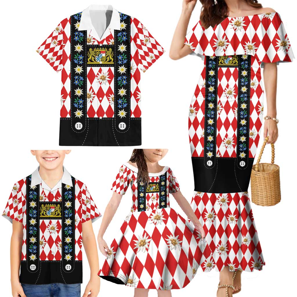 Bavaria Traditional Lederhosen Costume Family Matching Mermaid Dress and Hawaiian Shirt Bavaria Emblem -  Red Plaid Pattern with Edelweiss Flowers - Wonder Print Shop