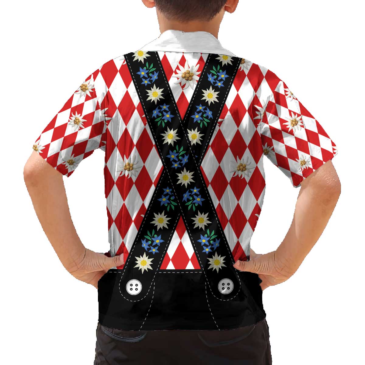Bavaria Traditional Lederhosen Costume Family Matching Off The Shoulder Long Sleeve Dress and Hawaiian Shirt Bavaria Emblem -  Red Plaid Pattern with Edelweiss Flowers