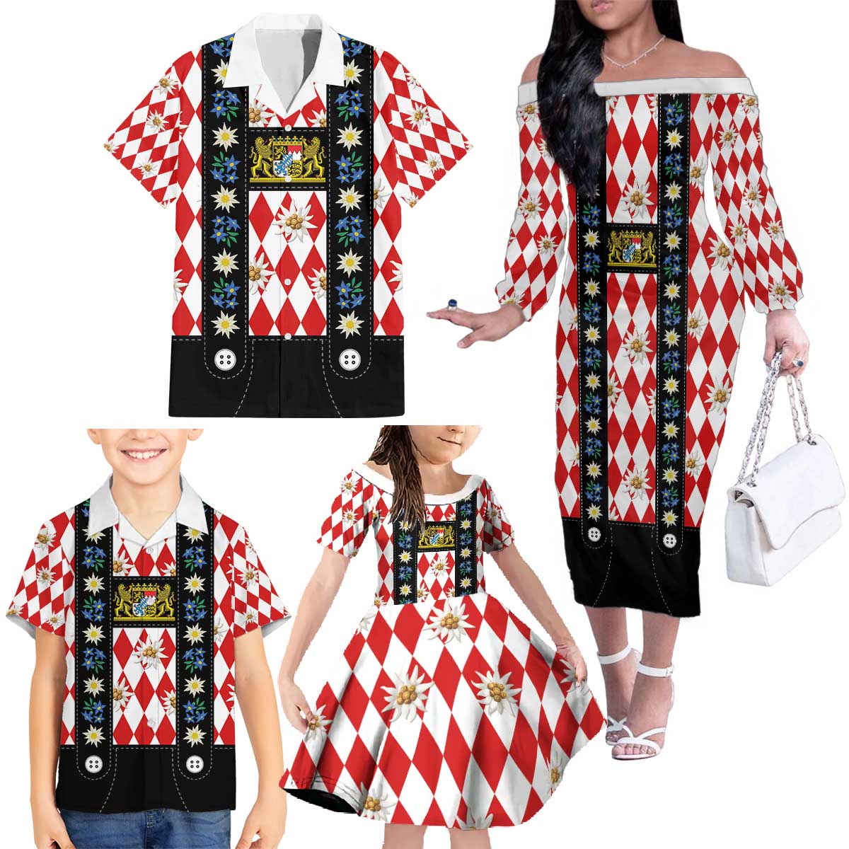 Bavaria Traditional Lederhosen Costume Family Matching Off The Shoulder Long Sleeve Dress and Hawaiian Shirt Bavaria Emblem -  Red Plaid Pattern with Edelweiss Flowers