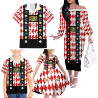 Bavaria Traditional Lederhosen Costume Family Matching Off The Shoulder Long Sleeve Dress and Hawaiian Shirt Bavaria Emblem -  Red Plaid Pattern with Edelweiss Flowers