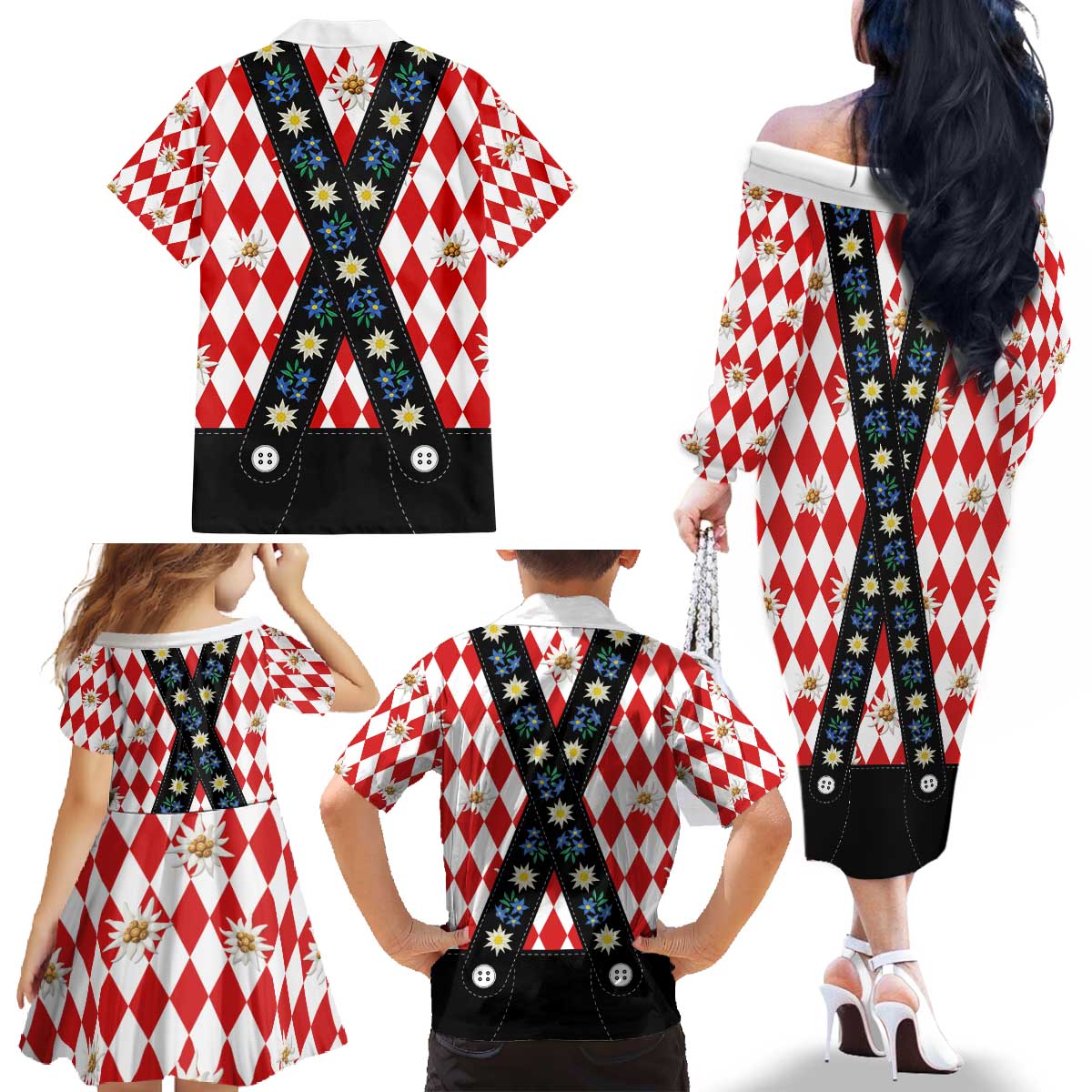 Bavaria Traditional Lederhosen Costume Family Matching Off The Shoulder Long Sleeve Dress and Hawaiian Shirt Bavaria Emblem -  Red Plaid Pattern with Edelweiss Flowers