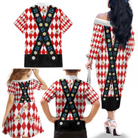 Bavaria Traditional Lederhosen Costume Family Matching Off The Shoulder Long Sleeve Dress and Hawaiian Shirt Bavaria Emblem -  Red Plaid Pattern with Edelweiss Flowers