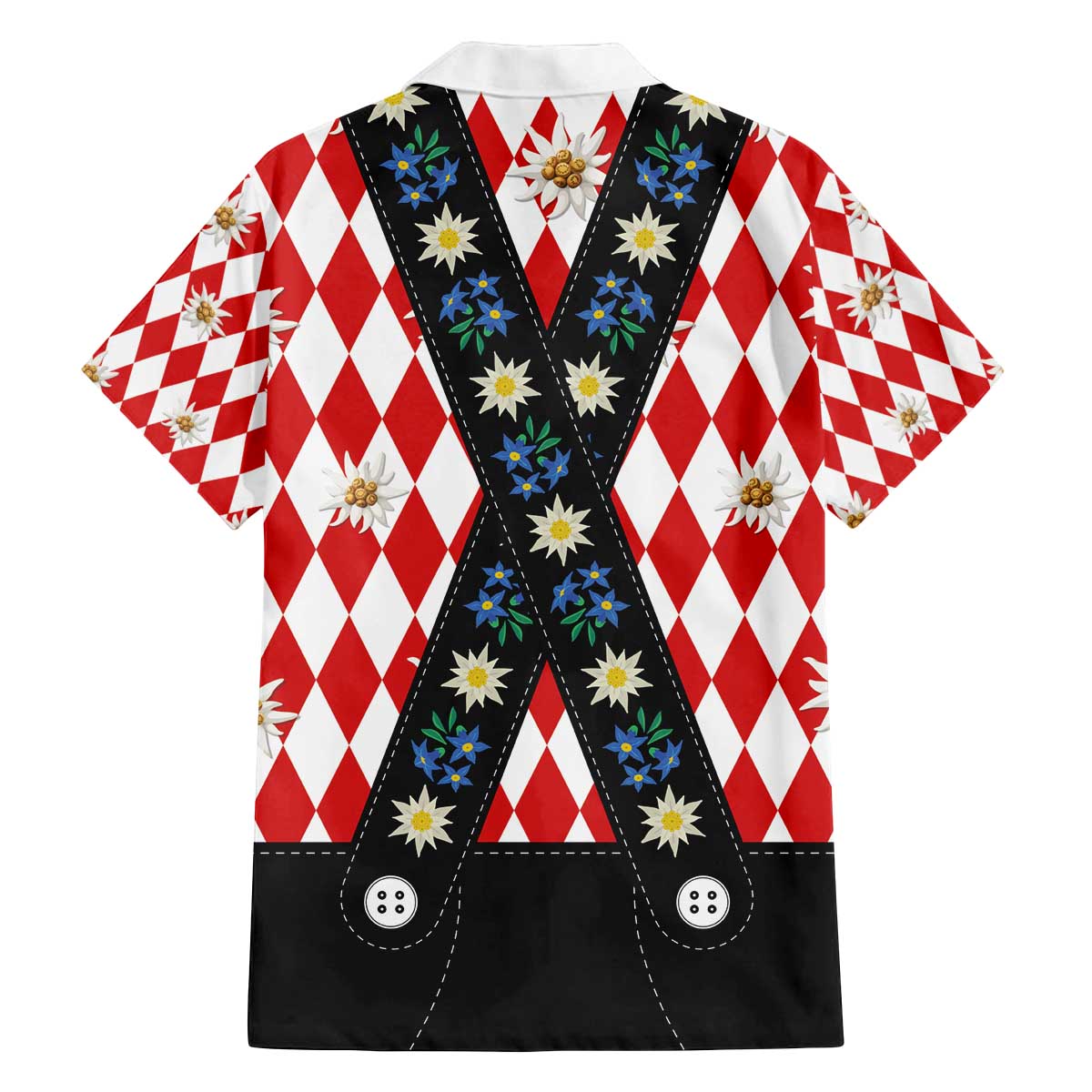 Bavaria Traditional Lederhosen Costume Family Matching Off The Shoulder Long Sleeve Dress and Hawaiian Shirt Bavaria Emblem -  Red Plaid Pattern with Edelweiss Flowers