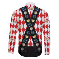 Bavaria Traditional Lederhosen Costume Family Matching Off The Shoulder Long Sleeve Dress and Hawaiian Shirt Bavaria Emblem -  Red Plaid Pattern with Edelweiss Flowers