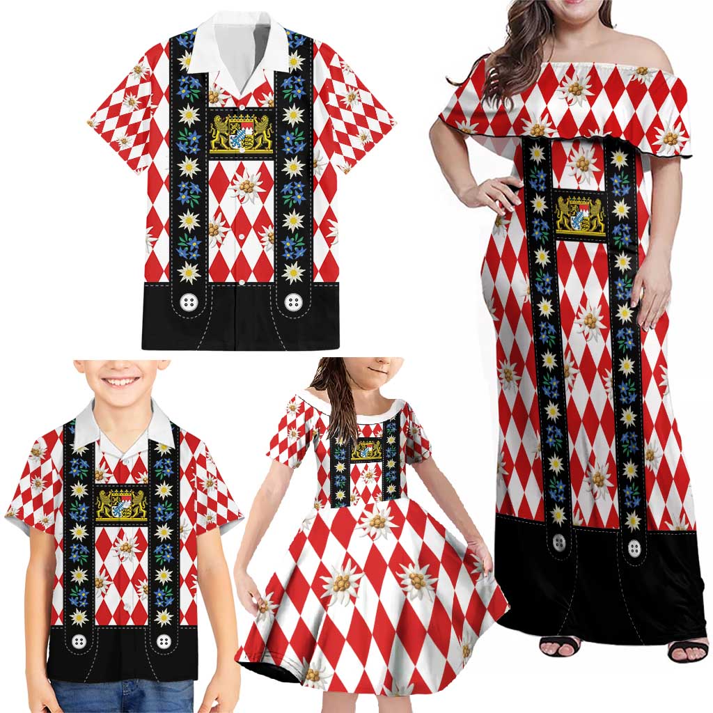 Bavaria Traditional Lederhosen Costume Family Matching Off Shoulder Maxi Dress and Hawaiian Shirt Bavaria Emblem -  Red Plaid Pattern with Edelweiss Flowers - Wonder Print Shop