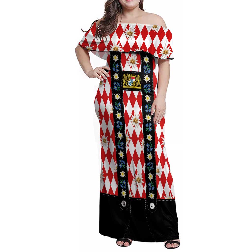 Bavaria Traditional Lederhosen Costume Family Matching Off Shoulder Maxi Dress and Hawaiian Shirt Bavaria Emblem -  Red Plaid Pattern with Edelweiss Flowers - Wonder Print Shop