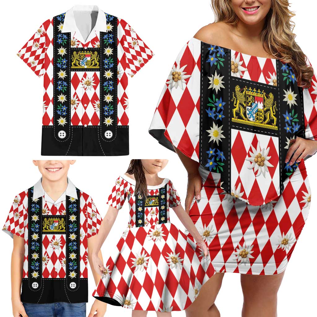 Bavaria Traditional Lederhosen Costume Family Matching Off Shoulder Short Dress and Hawaiian Shirt Bavaria Emblem -  Red Plaid Pattern with Edelweiss Flowers - Wonder Print Shop
