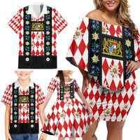 Bavaria Traditional Lederhosen Costume Family Matching Off Shoulder Short Dress and Hawaiian Shirt Bavaria Emblem -  Red Plaid Pattern with Edelweiss Flowers - Wonder Print Shop