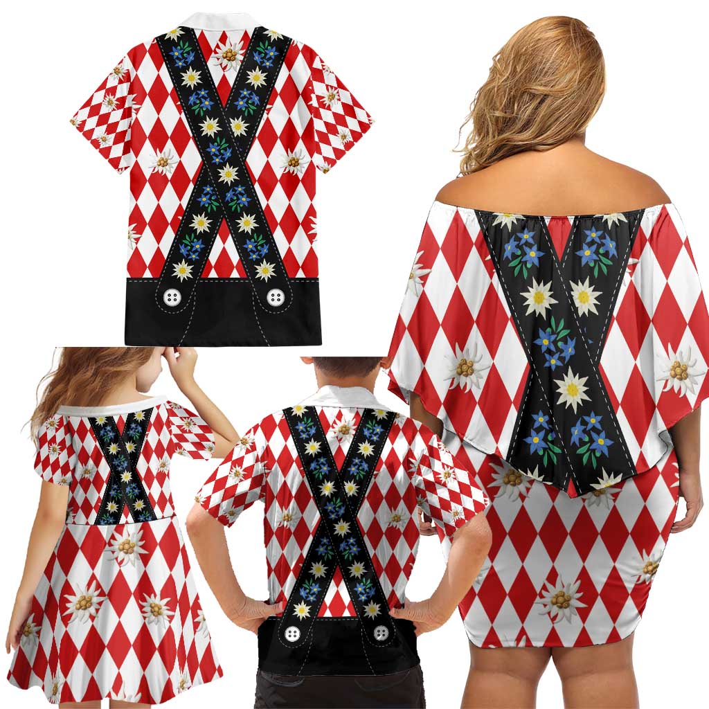 Bavaria Traditional Lederhosen Costume Family Matching Off Shoulder Short Dress and Hawaiian Shirt Bavaria Emblem -  Red Plaid Pattern with Edelweiss Flowers - Wonder Print Shop