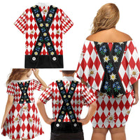 Bavaria Traditional Lederhosen Costume Family Matching Off Shoulder Short Dress and Hawaiian Shirt Bavaria Emblem -  Red Plaid Pattern with Edelweiss Flowers - Wonder Print Shop