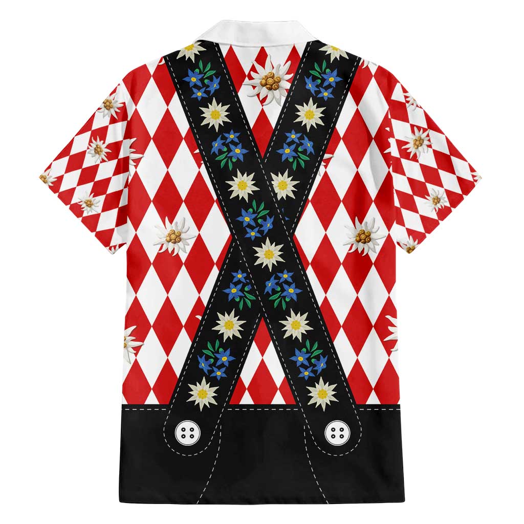 Bavaria Traditional Lederhosen Costume Family Matching Off Shoulder Short Dress and Hawaiian Shirt Bavaria Emblem -  Red Plaid Pattern with Edelweiss Flowers - Wonder Print Shop