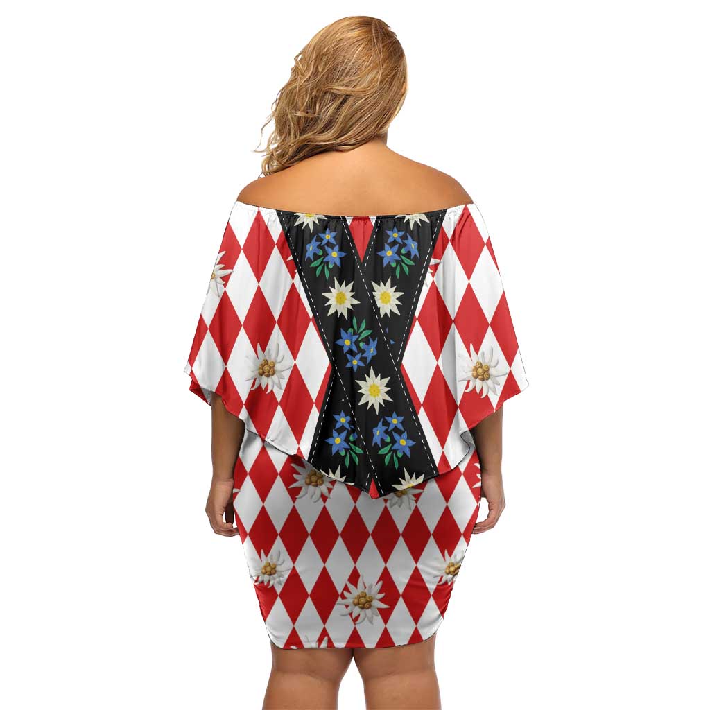 Bavaria Traditional Lederhosen Costume Family Matching Off Shoulder Short Dress and Hawaiian Shirt Bavaria Emblem -  Red Plaid Pattern with Edelweiss Flowers - Wonder Print Shop