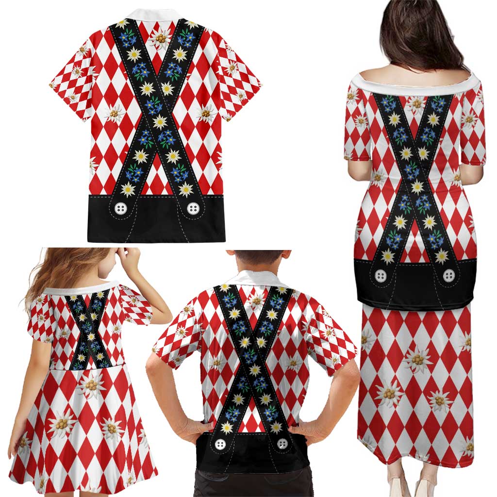 Bavaria Traditional Lederhosen Costume Family Matching Puletasi and Hawaiian Shirt Bavaria Emblem -  Red Plaid Pattern with Edelweiss Flowers