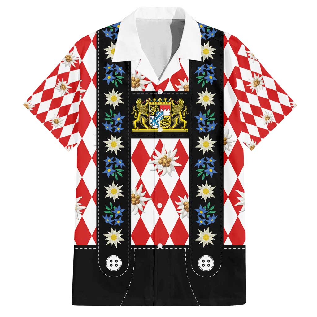 Bavaria Traditional Lederhosen Costume Family Matching Puletasi and Hawaiian Shirt Bavaria Emblem -  Red Plaid Pattern with Edelweiss Flowers