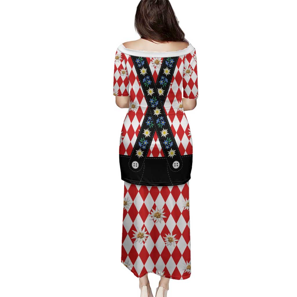 Bavaria Traditional Lederhosen Costume Family Matching Puletasi and Hawaiian Shirt Bavaria Emblem -  Red Plaid Pattern with Edelweiss Flowers