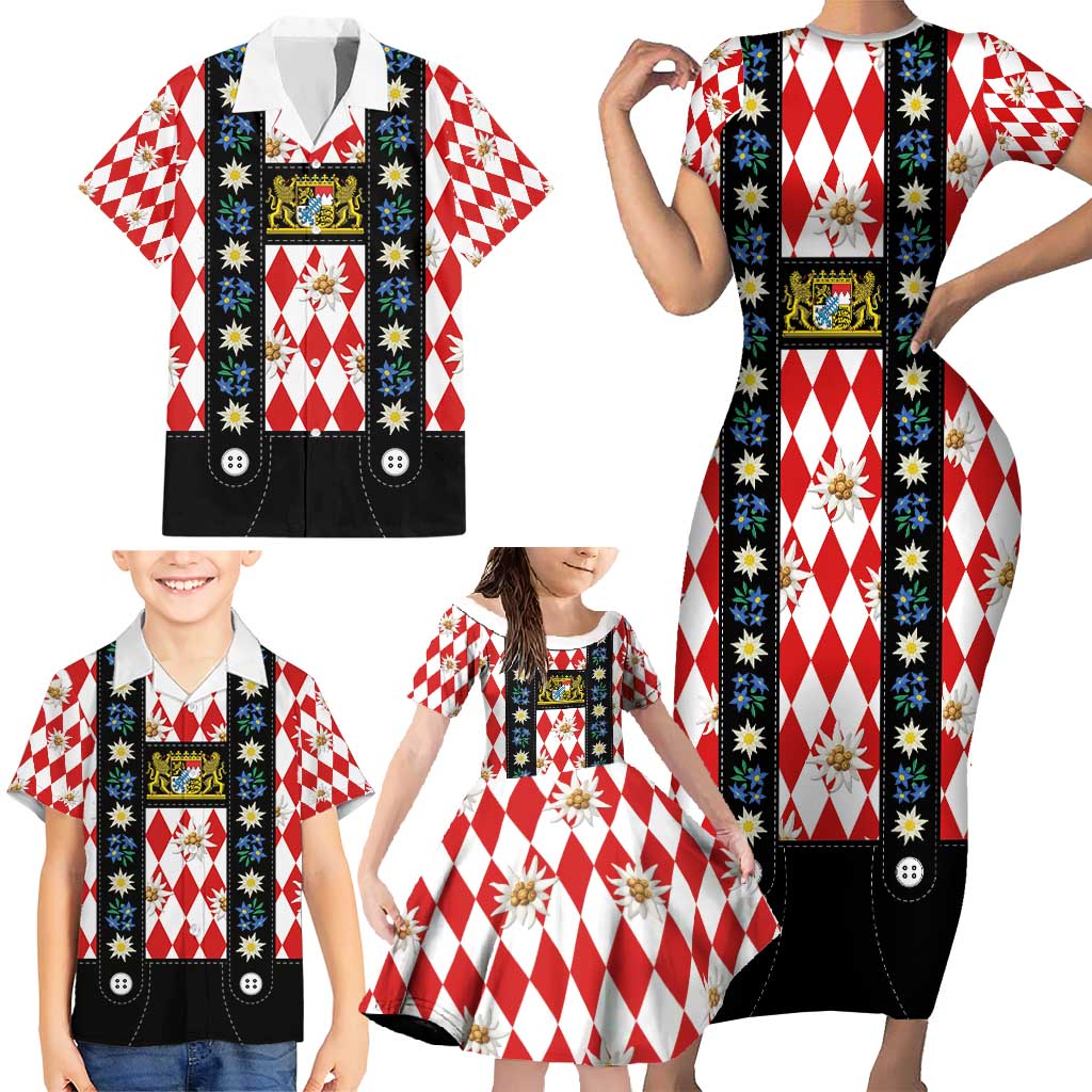 Bavaria Traditional Lederhosen Costume Family Matching Short Sleeve Bodycon Dress and Hawaiian Shirt Bavaria Emblem -  Red Plaid Pattern with Edelweiss Flowers - Wonder Print Shop