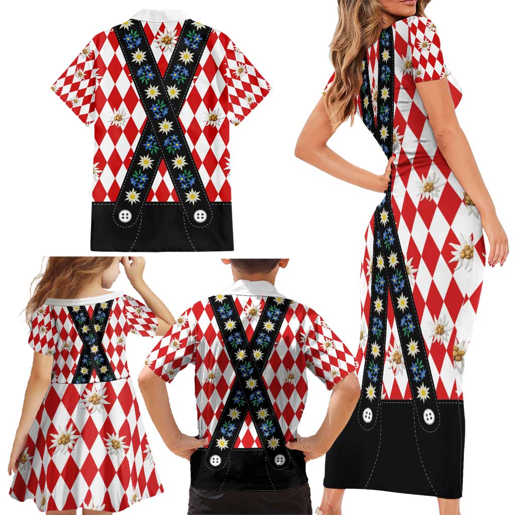 Bavaria Traditional Lederhosen Costume Family Matching Short Sleeve Bodycon Dress and Hawaiian Shirt Bavaria Emblem -  Red Plaid Pattern with Edelweiss Flowers - Wonder Print Shop