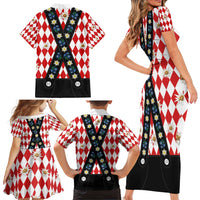 Bavaria Traditional Lederhosen Costume Family Matching Short Sleeve Bodycon Dress and Hawaiian Shirt Bavaria Emblem -  Red Plaid Pattern with Edelweiss Flowers - Wonder Print Shop