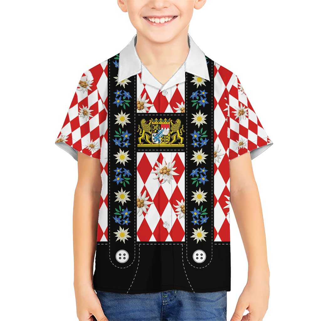 Bavaria Traditional Lederhosen Costume Family Matching Short Sleeve Bodycon Dress and Hawaiian Shirt Bavaria Emblem -  Red Plaid Pattern with Edelweiss Flowers - Wonder Print Shop