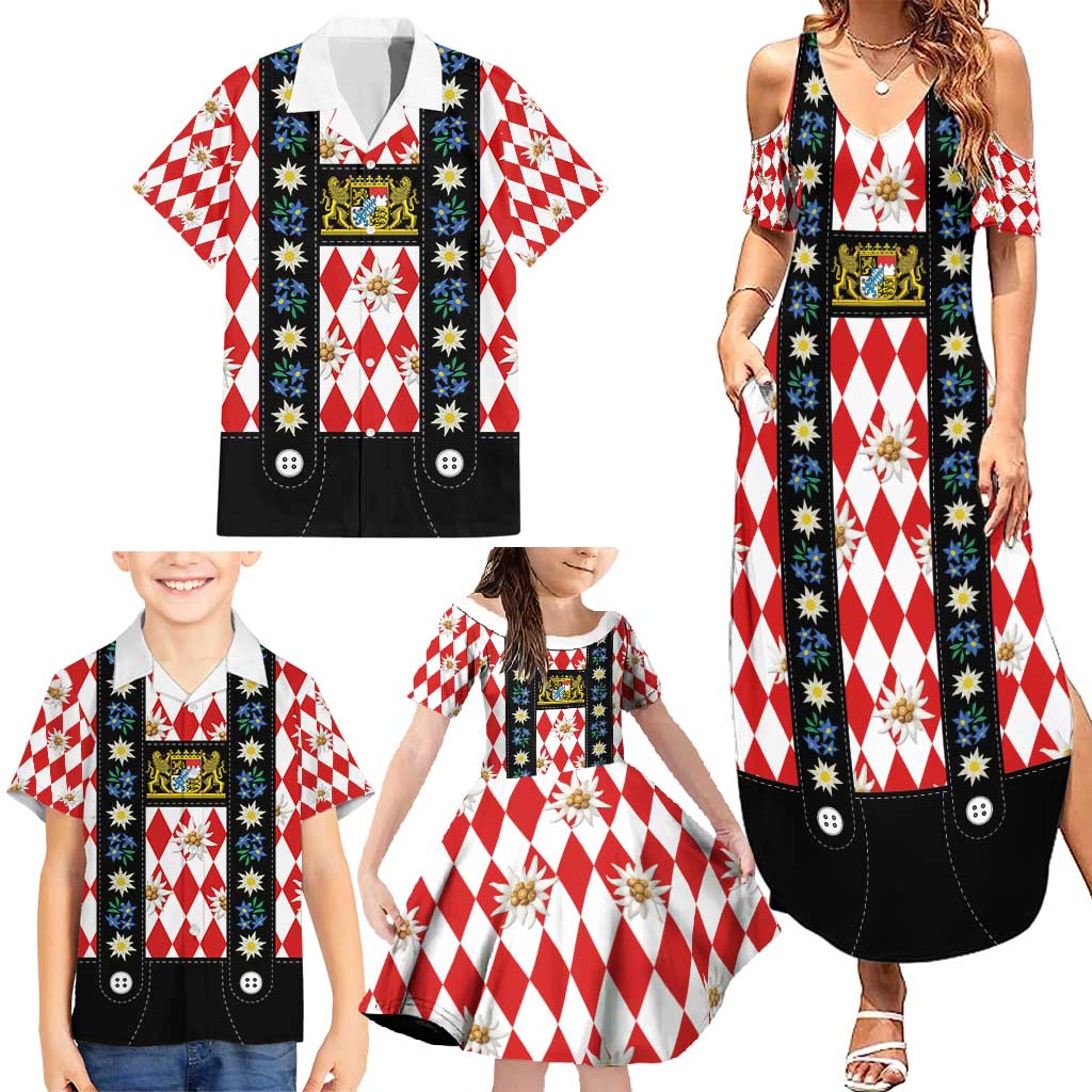 Bavaria Traditional Lederhosen Costume Family Matching Summer Maxi Dress and Hawaiian Shirt Bavaria Emblem -  Red Plaid Pattern with Edelweiss Flowers - Wonder Print Shop