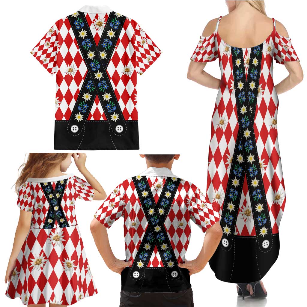 Bavaria Traditional Lederhosen Costume Family Matching Summer Maxi Dress and Hawaiian Shirt Bavaria Emblem -  Red Plaid Pattern with Edelweiss Flowers - Wonder Print Shop