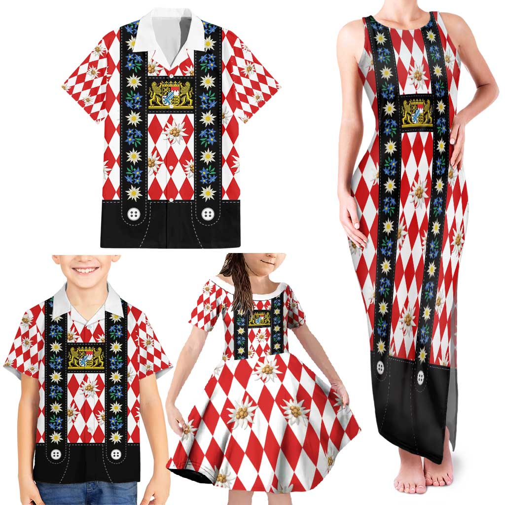 Bavaria Traditional Lederhosen Costume Family Matching Tank Maxi Dress and Hawaiian Shirt Bavaria Emblem -  Red Plaid Pattern with Edelweiss Flowers - Wonder Print Shop
