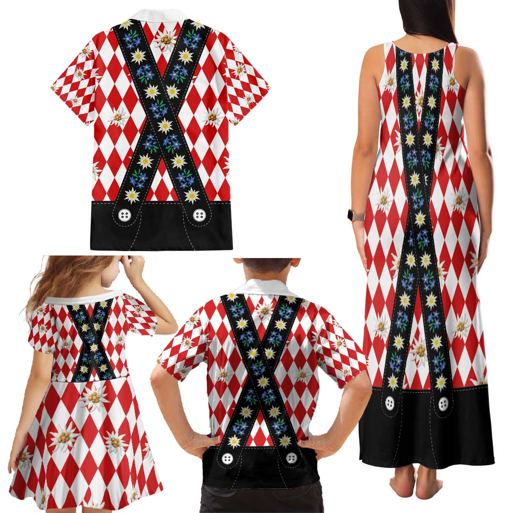 Bavaria Traditional Lederhosen Costume Family Matching Tank Maxi Dress and Hawaiian Shirt Bavaria Emblem -  Red Plaid Pattern with Edelweiss Flowers - Wonder Print Shop