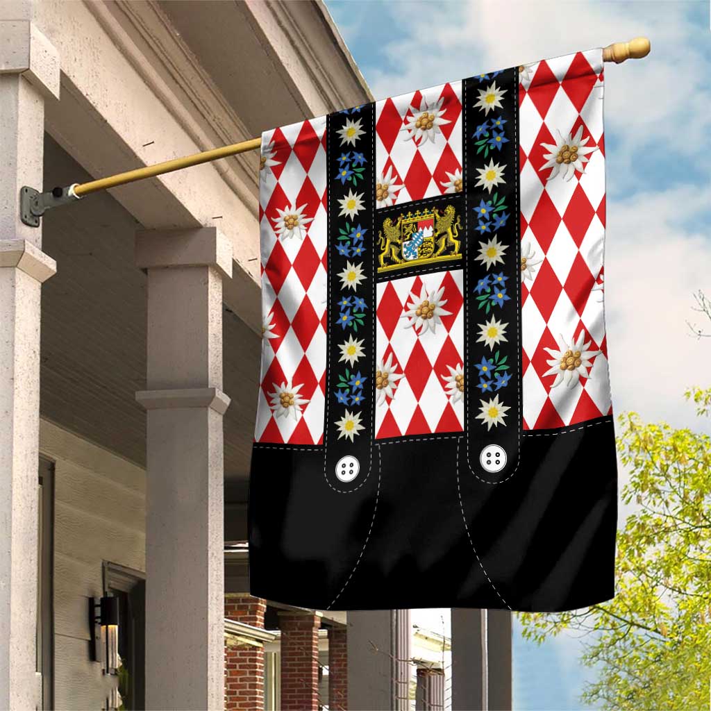Bavaria Traditional Lederhosen Costume Garden Flag Bavaria Emblem -  Red Plaid Pattern with Edelweiss Flowers - Wonder Print Shop
