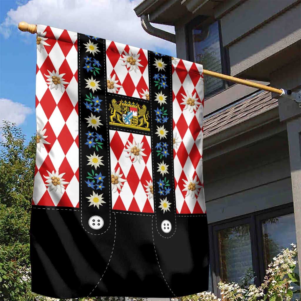 Bavaria Traditional Lederhosen Costume Garden Flag Bavaria Emblem -  Red Plaid Pattern with Edelweiss Flowers - Wonder Print Shop