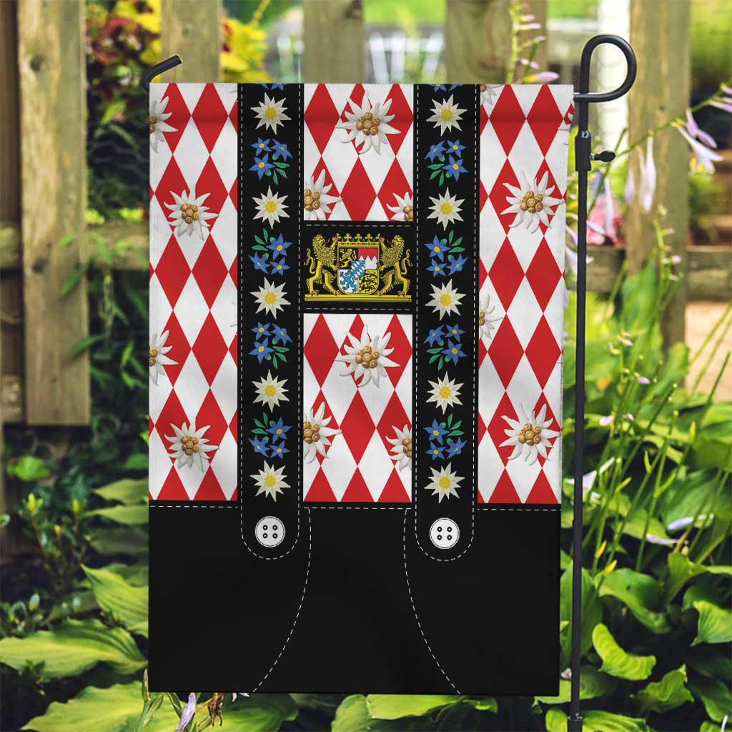 Bavaria Traditional Lederhosen Costume Garden Flag Bavaria Emblem -  Red Plaid Pattern with Edelweiss Flowers - Wonder Print Shop
