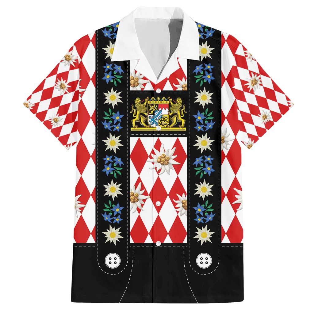 Bavaria Traditional Lederhosen Costume Hawaiian Shirt Bavaria Emblem -  Red Plaid Pattern with Edelweiss Flowers - Wonder Print Shop