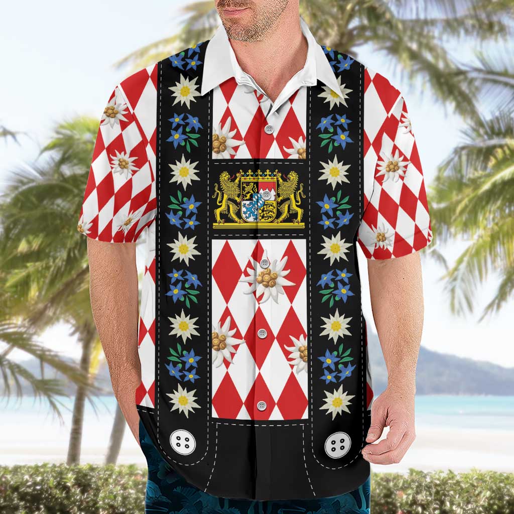 Bavaria Traditional Lederhosen Costume Hawaiian Shirt Bavaria Emblem -  Red Plaid Pattern with Edelweiss Flowers - Wonder Print Shop