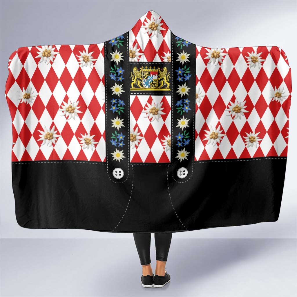 Bavaria Traditional Lederhosen Costume Hooded Blanket Bavaria Emblem -  Red Plaid Pattern with Edelweiss Flowers - Wonder Print Shop