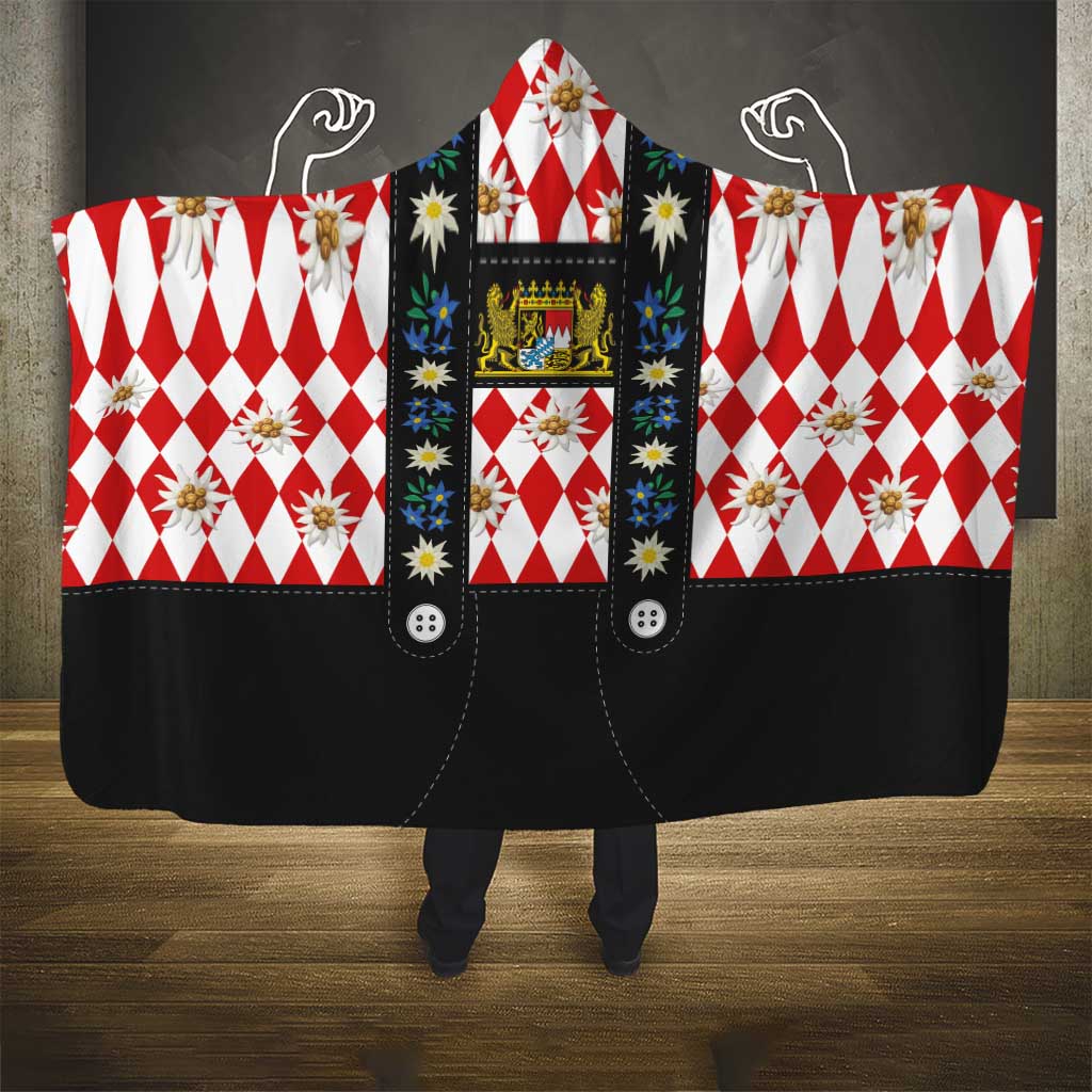 Bavaria Traditional Lederhosen Costume Hooded Blanket Bavaria Emblem -  Red Plaid Pattern with Edelweiss Flowers - Wonder Print Shop