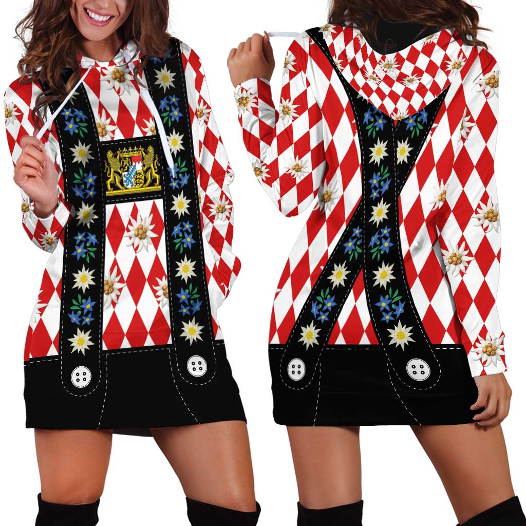 Bavaria Traditional Lederhosen Costume Hoodie Dress Bavaria Emblem -  Red Plaid Pattern with Edelweiss Flowers - Wonder Print Shop