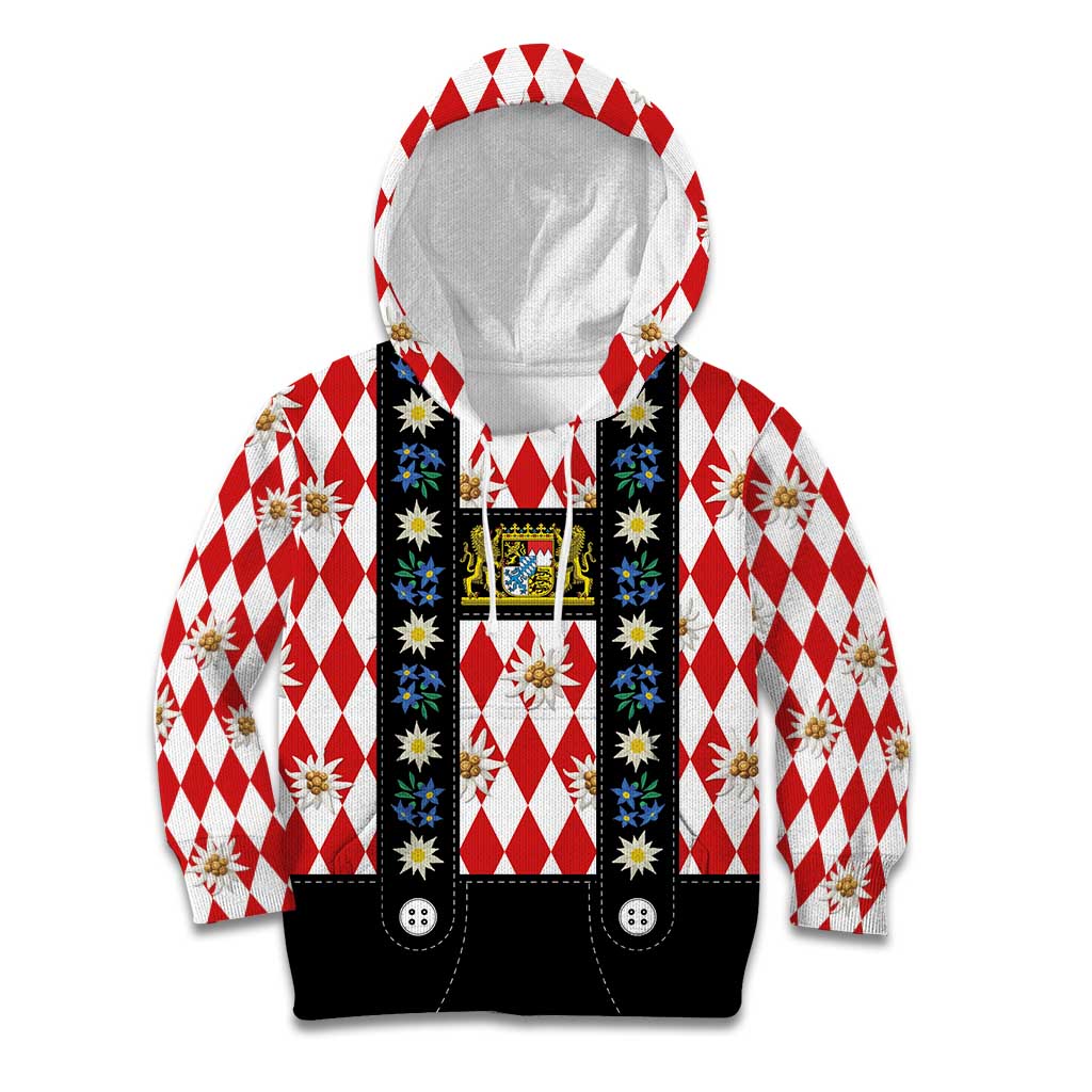 Bavaria Traditional Lederhosen Costume Kid Hoodie Bavaria Emblem -  Red Plaid Pattern with Edelweiss Flowers - Wonder Print Shop