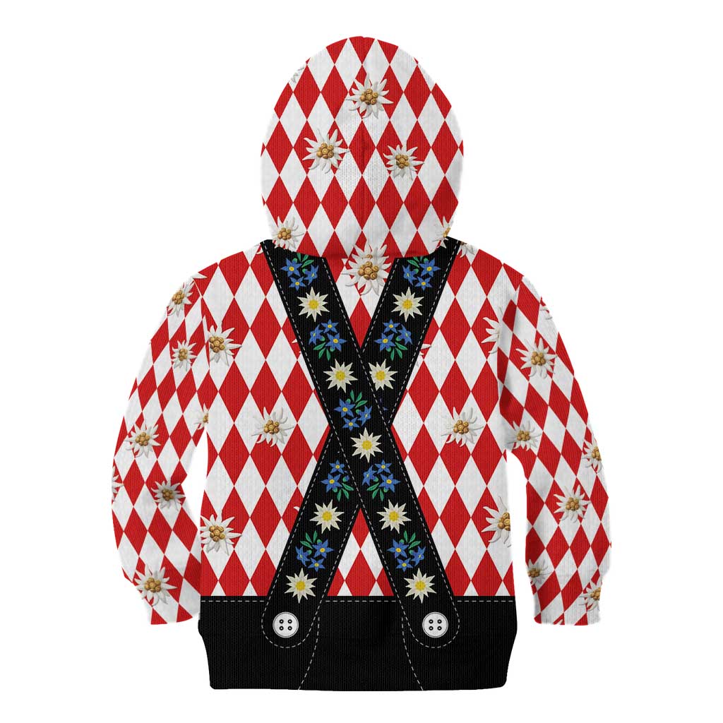Bavaria Traditional Lederhosen Costume Kid Hoodie Bavaria Emblem -  Red Plaid Pattern with Edelweiss Flowers - Wonder Print Shop