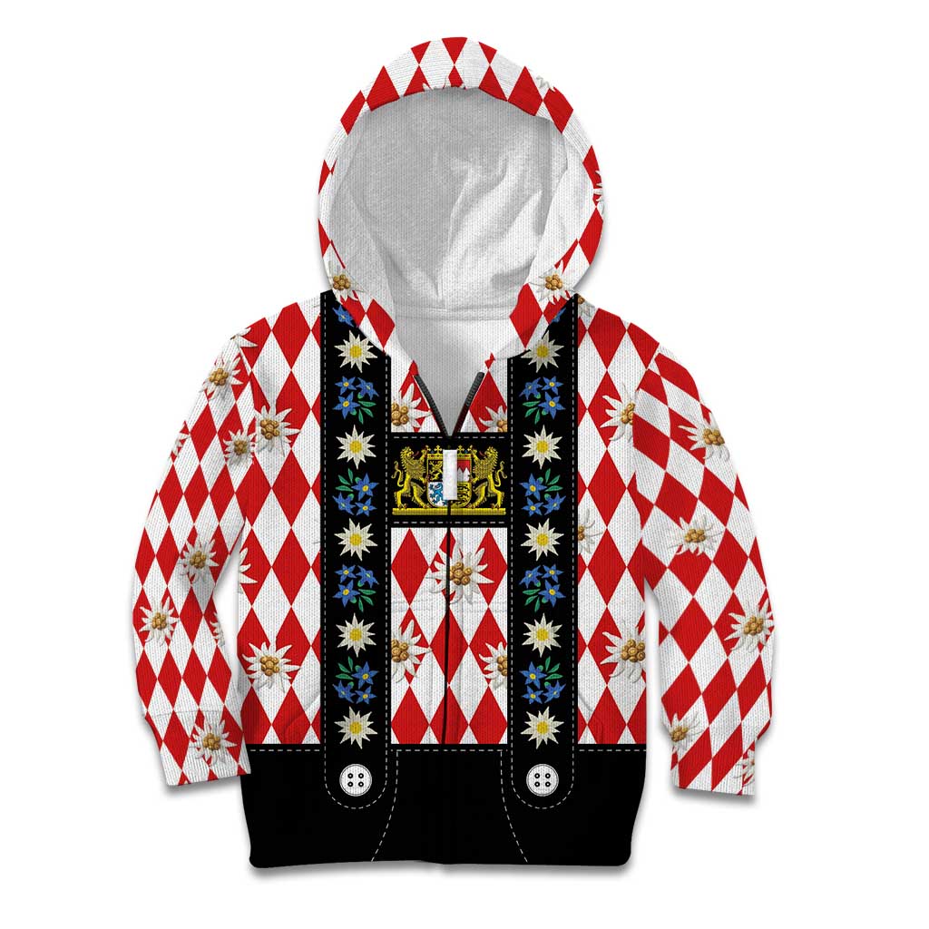 Bavaria Traditional Lederhosen Costume Kid Hoodie Bavaria Emblem -  Red Plaid Pattern with Edelweiss Flowers - Wonder Print Shop