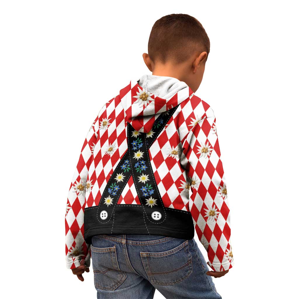 Bavaria Traditional Lederhosen Costume Kid Hoodie Bavaria Emblem -  Red Plaid Pattern with Edelweiss Flowers - Wonder Print Shop