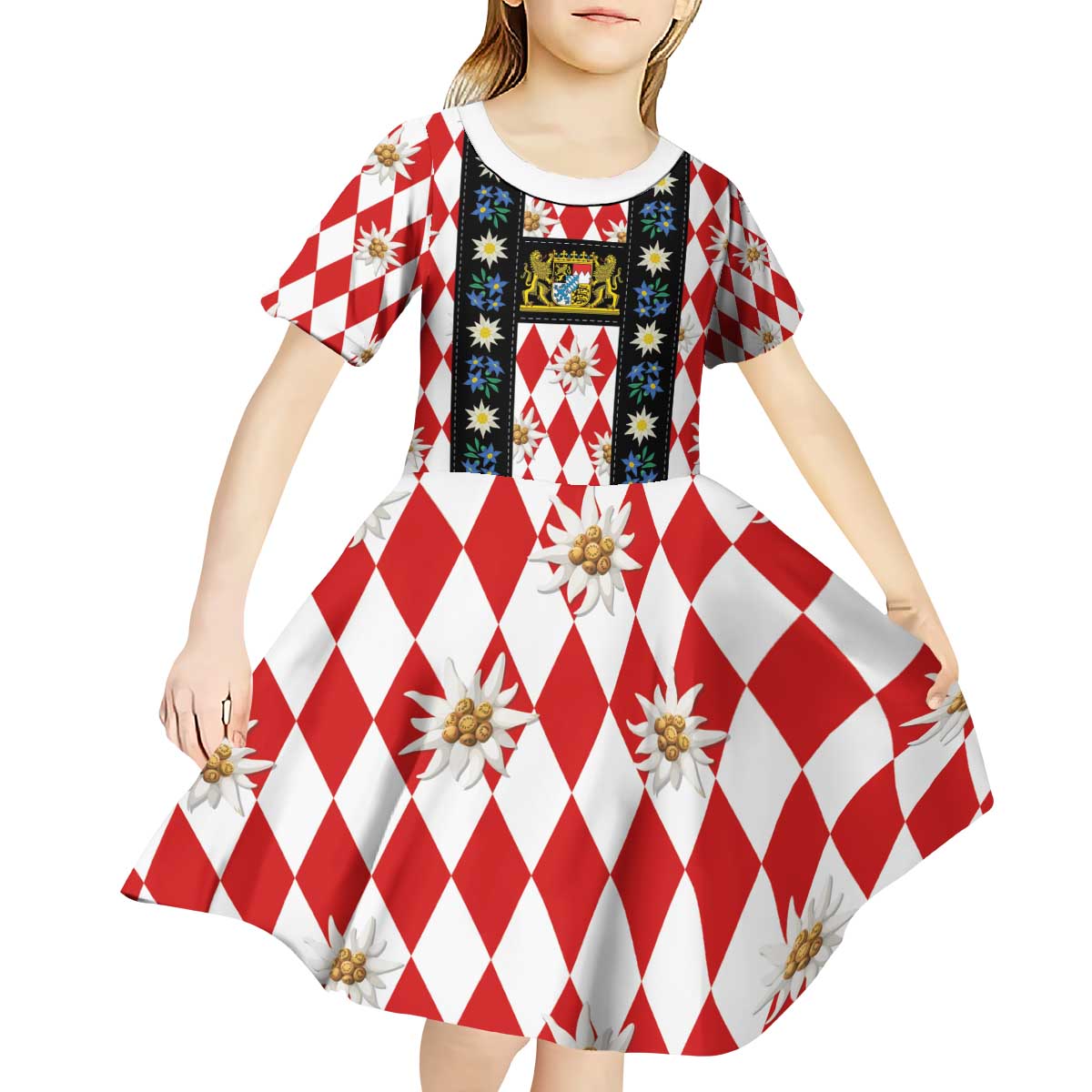 Bavaria Traditional Lederhosen Costume Kid Short Sleeve Dress Bavaria Emblem -  Red Plaid Pattern with Edelweiss Flowers - Wonder Print Shop