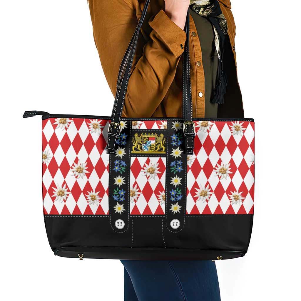 Bavaria Traditional Lederhosen Costume Leather Tote Bag Bavaria Emblem -  Red Plaid Pattern with Edelweiss Flowers