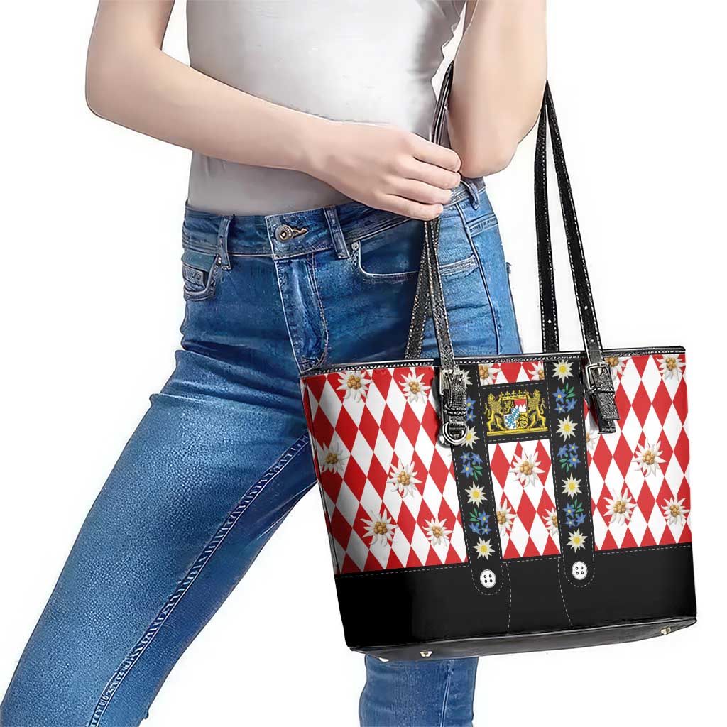 Bavaria Traditional Lederhosen Costume Leather Tote Bag Bavaria Emblem -  Red Plaid Pattern with Edelweiss Flowers