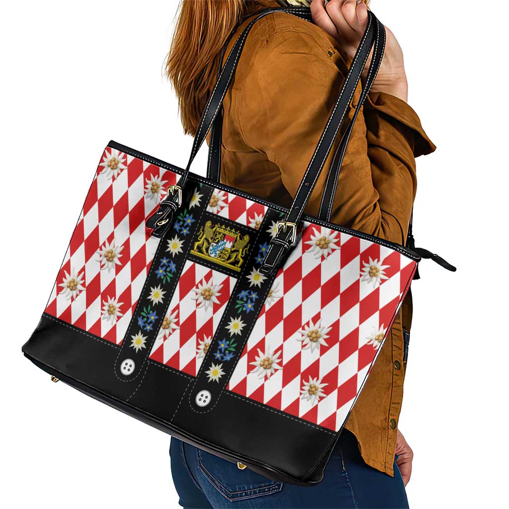 Bavaria Traditional Lederhosen Costume Leather Tote Bag Bavaria Emblem -  Red Plaid Pattern with Edelweiss Flowers