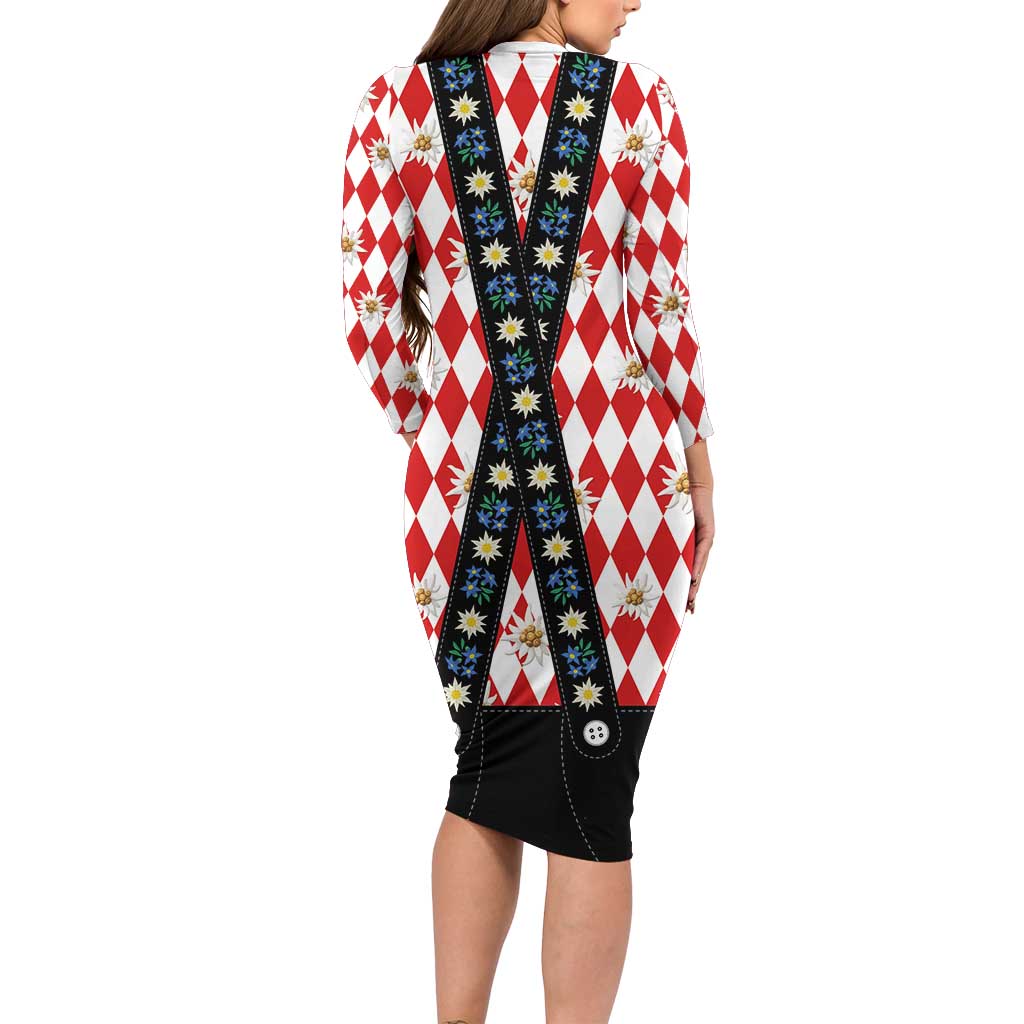 Bavaria Traditional Lederhosen Costume Long Sleeve Bodycon Dress Bavaria Emblem -  Red Plaid Pattern with Edelweiss Flowers - Wonder Print Shop