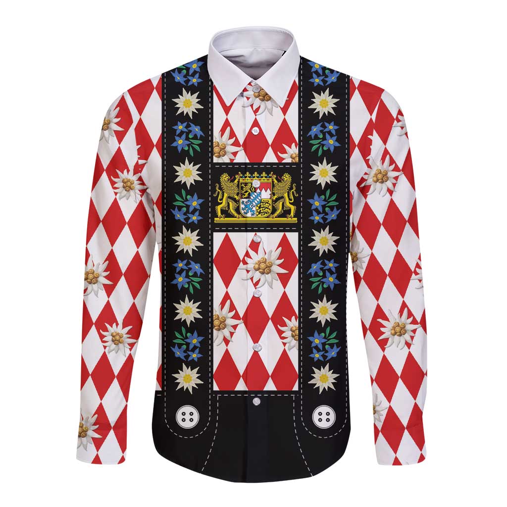 Bavaria Traditional Lederhosen Costume Long Sleeve Button Shirt Bavaria Emblem -  Red Plaid Pattern with Edelweiss Flowers
